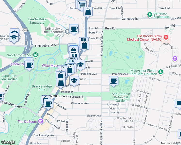 map of restaurants, bars, coffee shops, grocery stores, and more near 311 Pershing Avenue in San Antonio