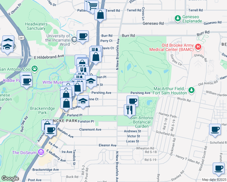 map of restaurants, bars, coffee shops, grocery stores, and more near 347 Pershing Avenue in San Antonio