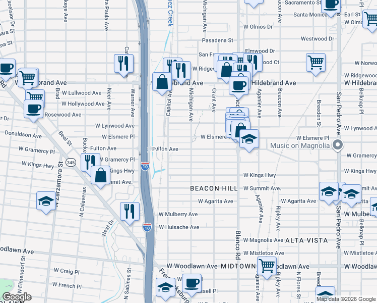map of restaurants, bars, coffee shops, grocery stores, and more near 1112 Fulton Avenue in San Antonio