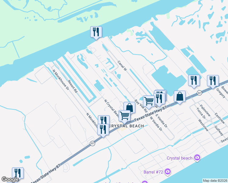 map of restaurants, bars, coffee shops, grocery stores, and more near 1134 Diamond Road in Bolivar Peninsula