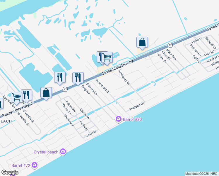 map of restaurants, bars, coffee shops, grocery stores, and more near 2220 Snapper Street in Bolivar Peninsula