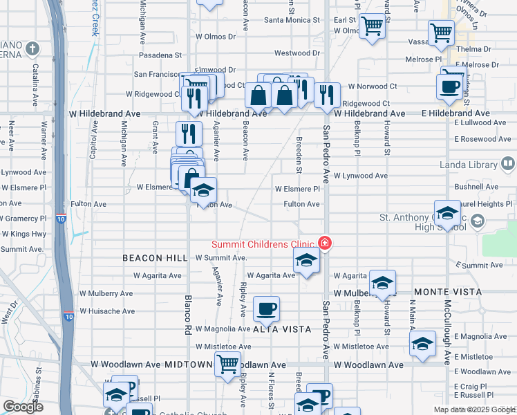 map of restaurants, bars, coffee shops, grocery stores, and more near 618 Fulton Avenue in San Antonio