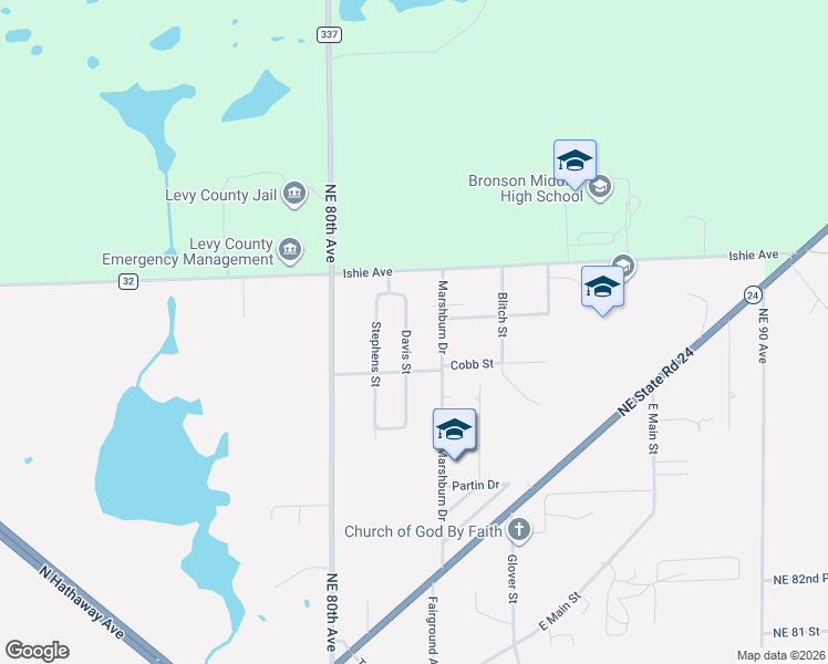 map of restaurants, bars, coffee shops, grocery stores, and more near 657 Davis Street in Bronson