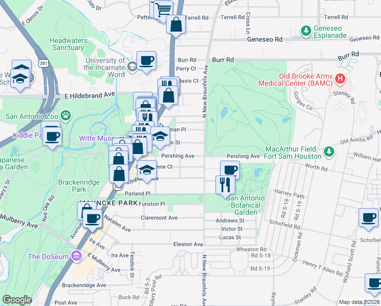 map of restaurants, bars, coffee shops, grocery stores, and more near 347 Pershing Avenue in San Antonio