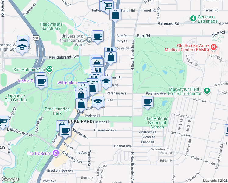 map of restaurants, bars, coffee shops, grocery stores, and more near 311 Pershing Avenue in San Antonio