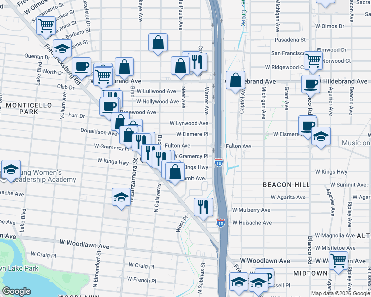 map of restaurants, bars, coffee shops, grocery stores, and more near 1338 Fulton Avenue in San Antonio