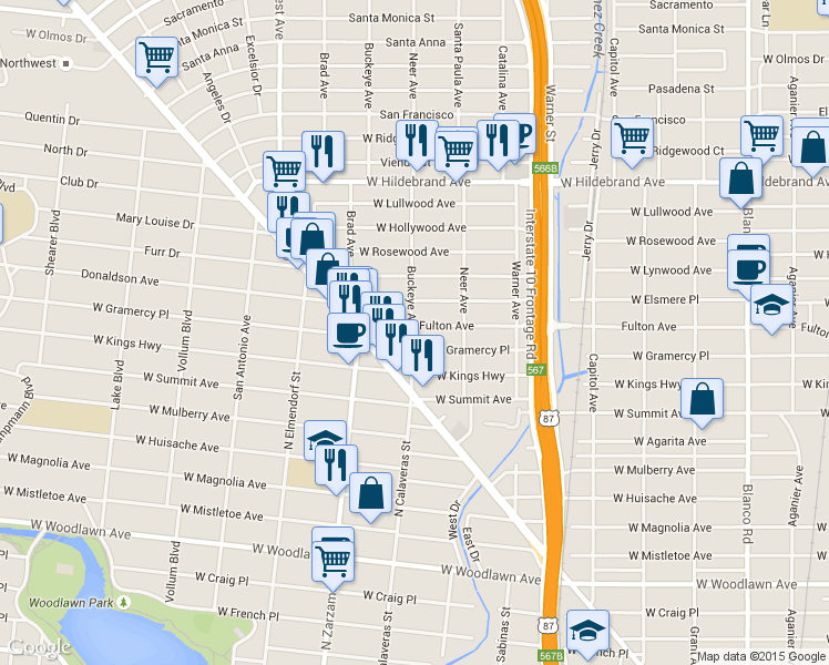 map of restaurants, bars, coffee shops, grocery stores, and more near 1514 Fulton Avenue in San Antonio