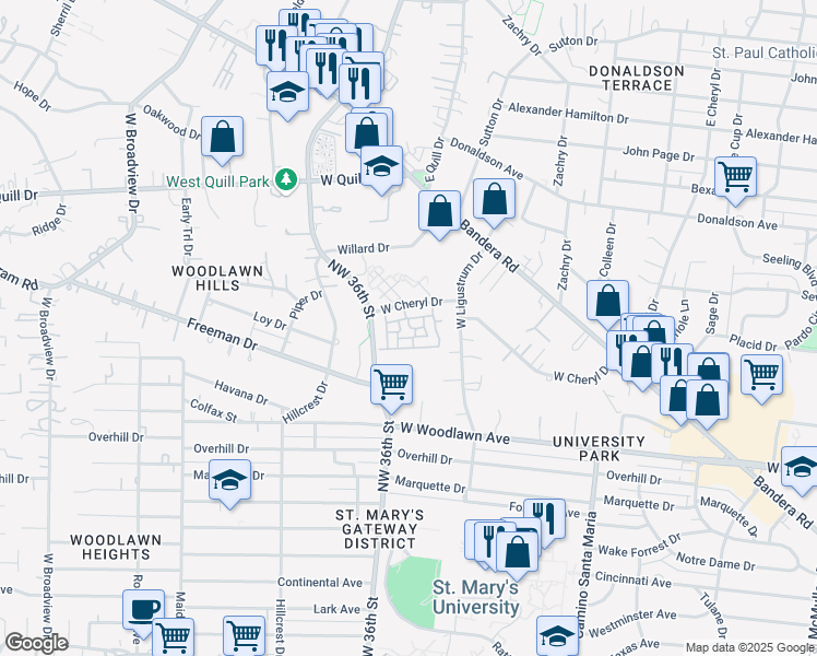 map of restaurants, bars, coffee shops, grocery stores, and more near 330 West Cheryl Drive in San Antonio