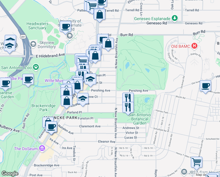 map of restaurants, bars, coffee shops, grocery stores, and more near 339 Pershing Avenue in San Antonio