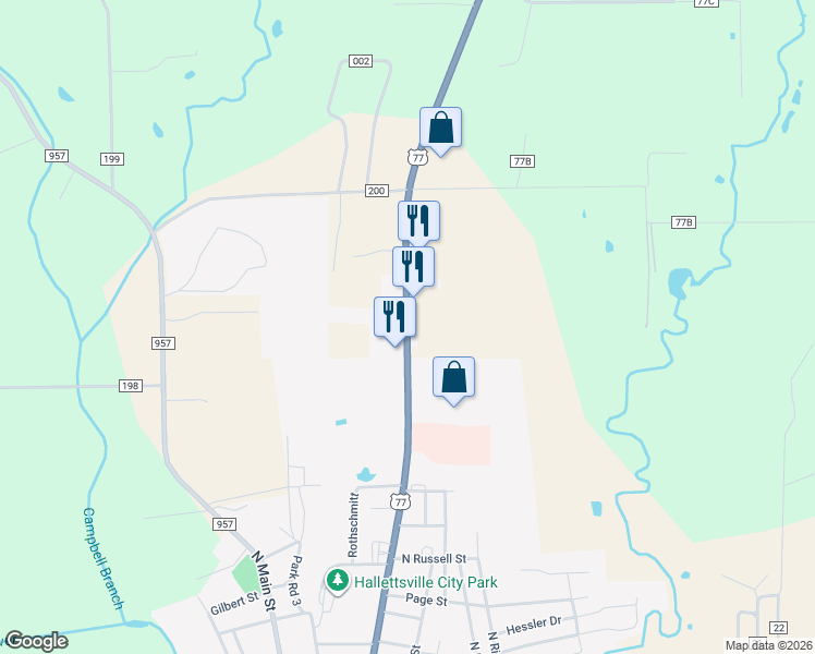 map of restaurants, bars, coffee shops, grocery stores, and more near 1514 North Texana Street in Hallettsville