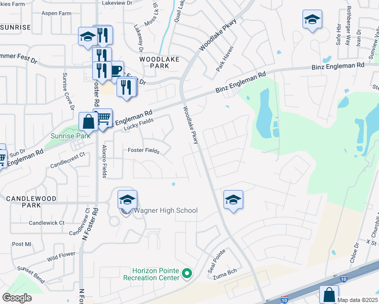 map of restaurants, bars, coffee shops, grocery stores, and more near 3403 Taurus Sky in Converse