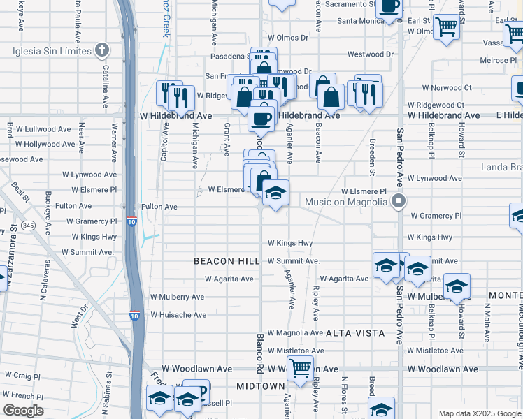 map of restaurants, bars, coffee shops, grocery stores, and more near 1621 Blanco Road in San Antonio
