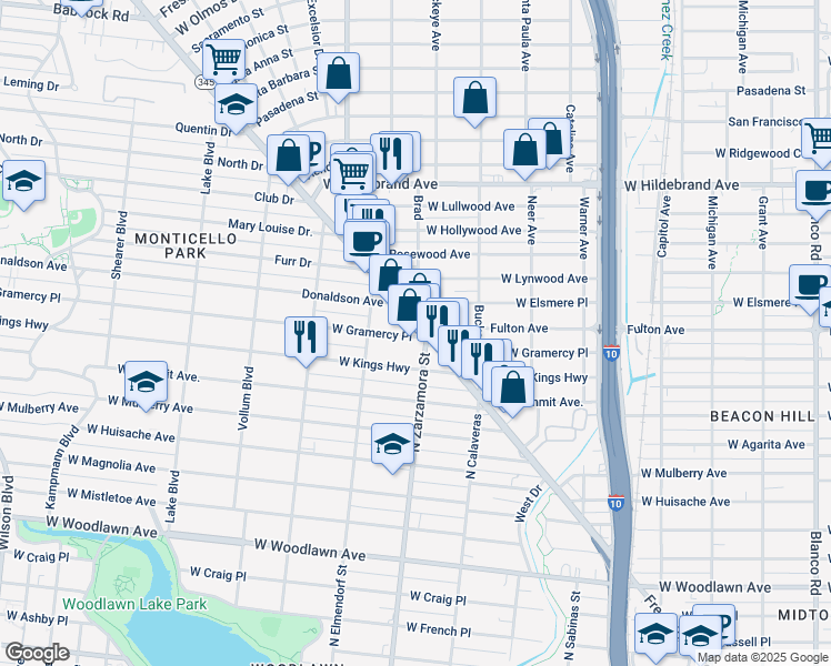 map of restaurants, bars, coffee shops, grocery stores, and more near 1825 Fredericksburg Road in San Antonio