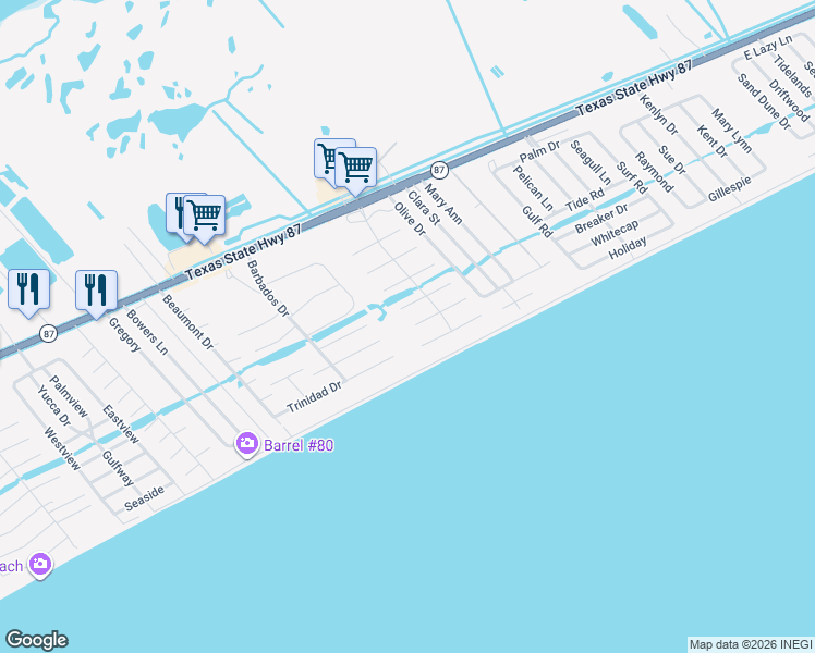 map of restaurants, bars, coffee shops, grocery stores, and more near 2369 Sandpiper in Bolivar Peninsula
