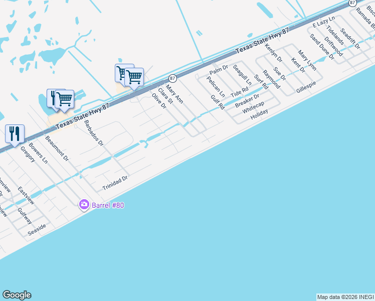 map of restaurants, bars, coffee shops, grocery stores, and more near 2414 Sand Drift Lane in Bolivar Peninsula
