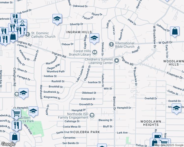 map of restaurants, bars, coffee shops, grocery stores, and more near 5130 Saint Leonard Street in San Antonio