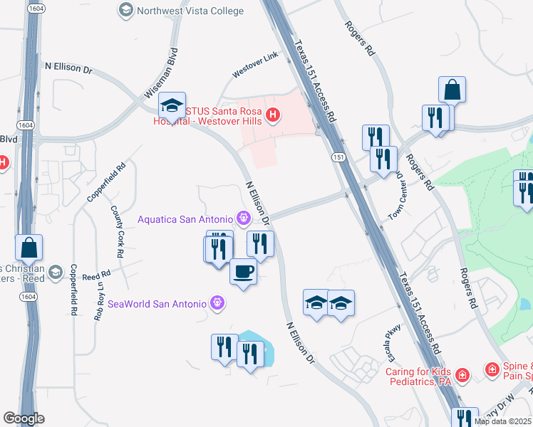map of restaurants, bars, coffee shops, grocery stores, and more near 2812 North Ellison Drive in San Antonio