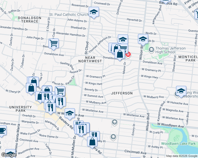 map of restaurants, bars, coffee shops, grocery stores, and more near 2606 West Gramercy Place in San Antonio