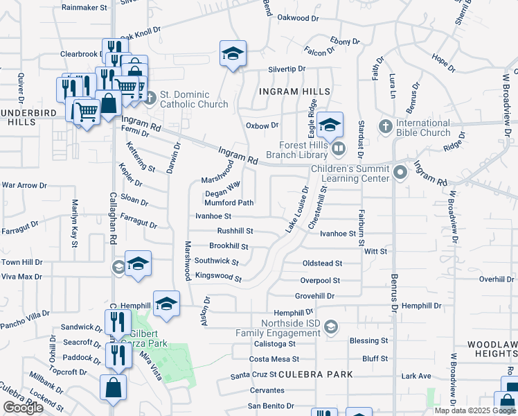 map of restaurants, bars, coffee shops, grocery stores, and more near 2602 Telder Path in San Antonio