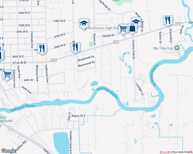 map of restaurants, bars, coffee shops, grocery stores, and more near 4324 Pine Shadows Street in Dickinson