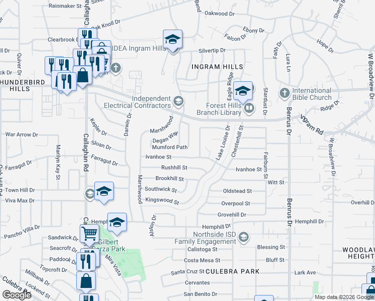 map of restaurants, bars, coffee shops, grocery stores, and more near 2602 Telder Path in San Antonio