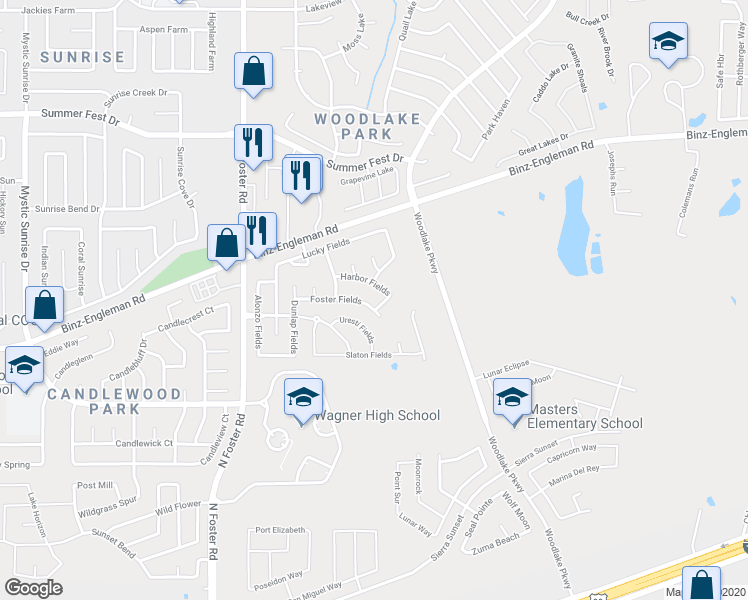 map of restaurants, bars, coffee shops, grocery stores, and more near 6735 Foster Fields in Converse