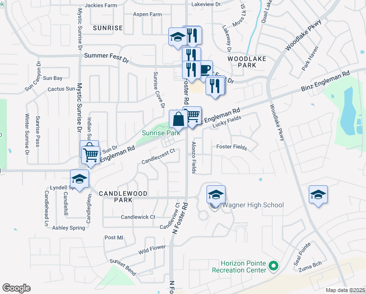 map of restaurants, bars, coffee shops, grocery stores, and more near 3338 Candlemoon Drive in San Antonio