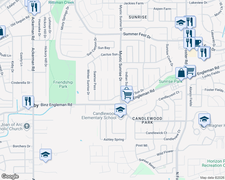 map of restaurants, bars, coffee shops, grocery stores, and more near 4019 Fire Sun in San Antonio