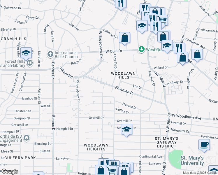 map of restaurants, bars, coffee shops, grocery stores, and more near 706 Freeman Drive in San Antonio