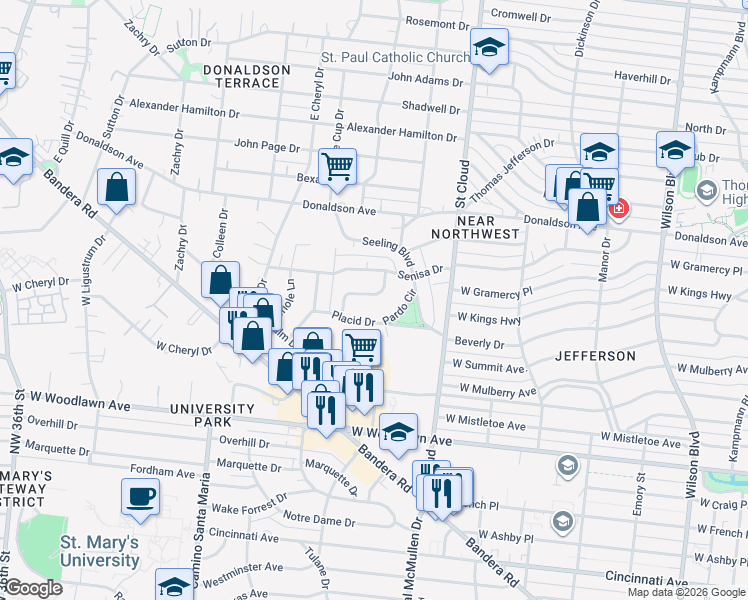 map of restaurants, bars, coffee shops, grocery stores, and more near 122 Comfort in San Antonio