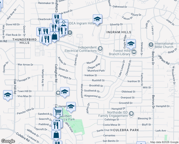 map of restaurants, bars, coffee shops, grocery stores, and more near 5622 Mumford Path in San Antonio