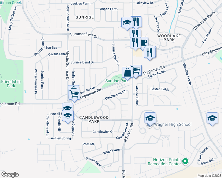 map of restaurants, bars, coffee shops, grocery stores, and more near 6415 Candlepass Drive in San Antonio