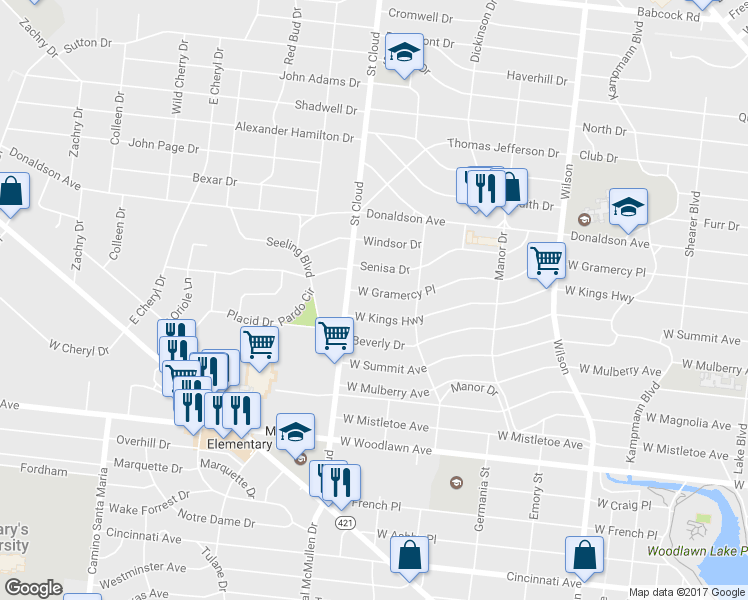 map of restaurants, bars, coffee shops, grocery stores, and more near 2638 West Gramercy Place in San Antonio
