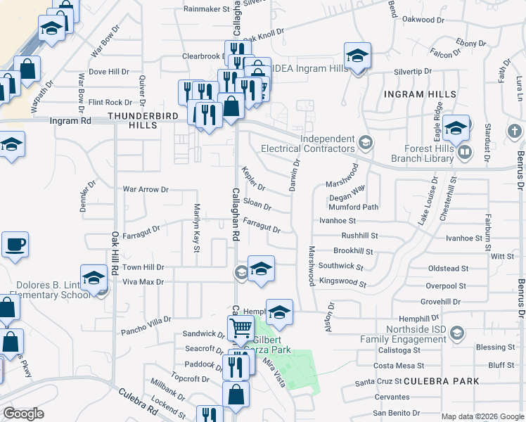 map of restaurants, bars, coffee shops, grocery stores, and more near 5830 Sloan Dr in San Antonio