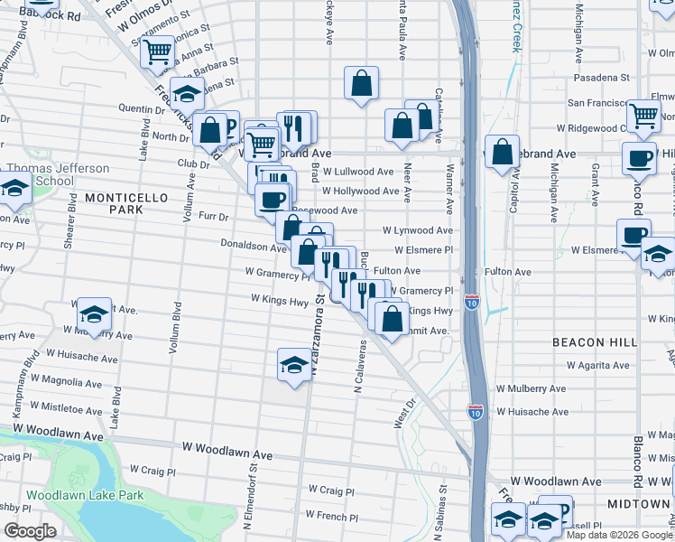 map of restaurants, bars, coffee shops, grocery stores, and more near 1514 Fulton Avenue in San Antonio