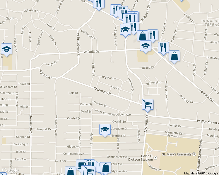 map of restaurants, bars, coffee shops, grocery stores, and more near 503 Freeman Drive in San Antonio