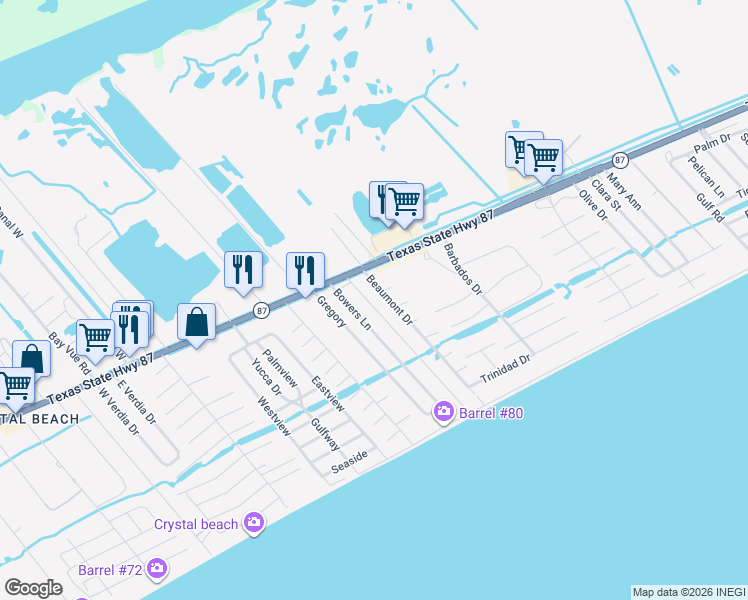 map of restaurants, bars, coffee shops, grocery stores, and more near 978 Meynig Lane in Bolivar Peninsula