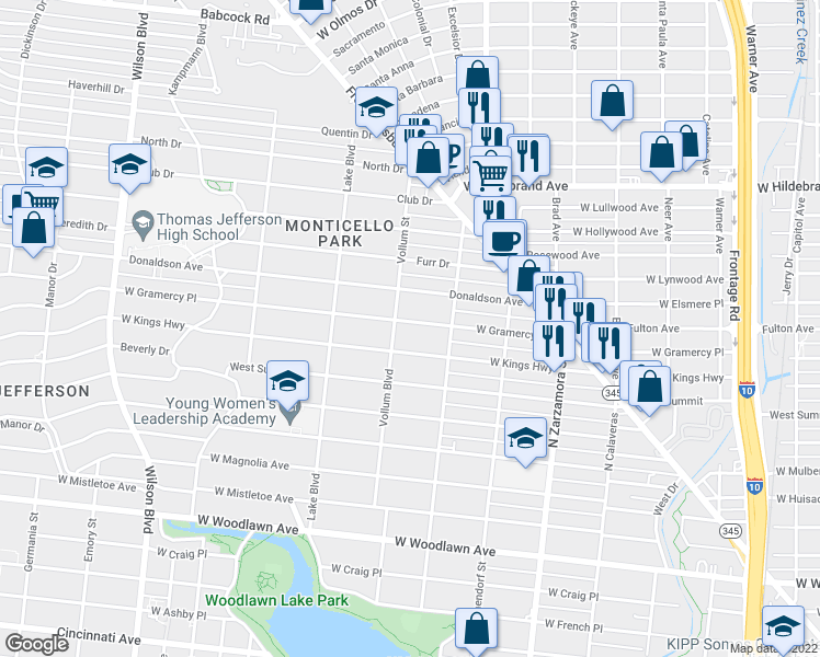 map of restaurants, bars, coffee shops, grocery stores, and more near 1938 West Gramercy Place in San Antonio