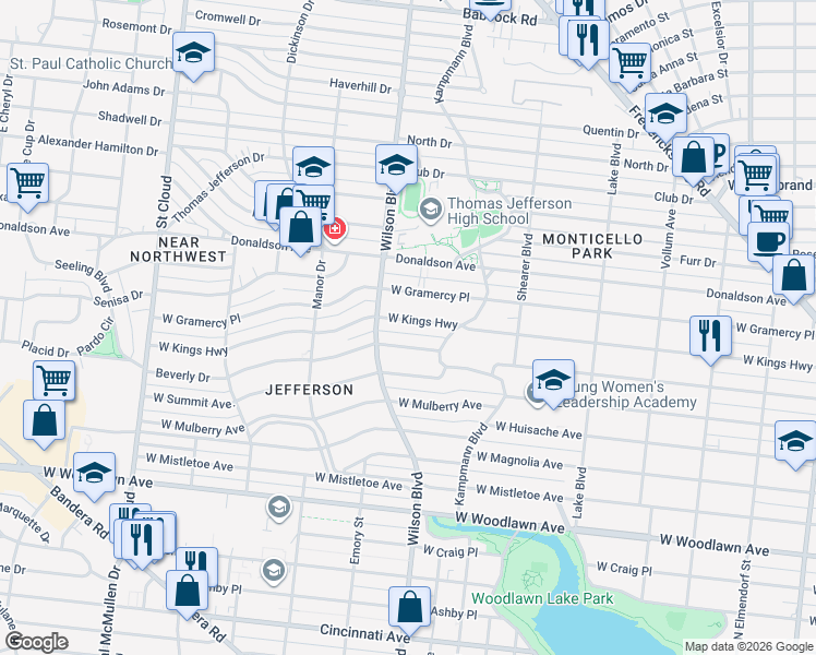 map of restaurants, bars, coffee shops, grocery stores, and more near 2330 West Kings Highway in San Antonio