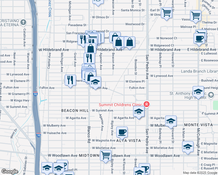 map of restaurants, bars, coffee shops, grocery stores, and more near 743 Fulton Avenue in San Antonio