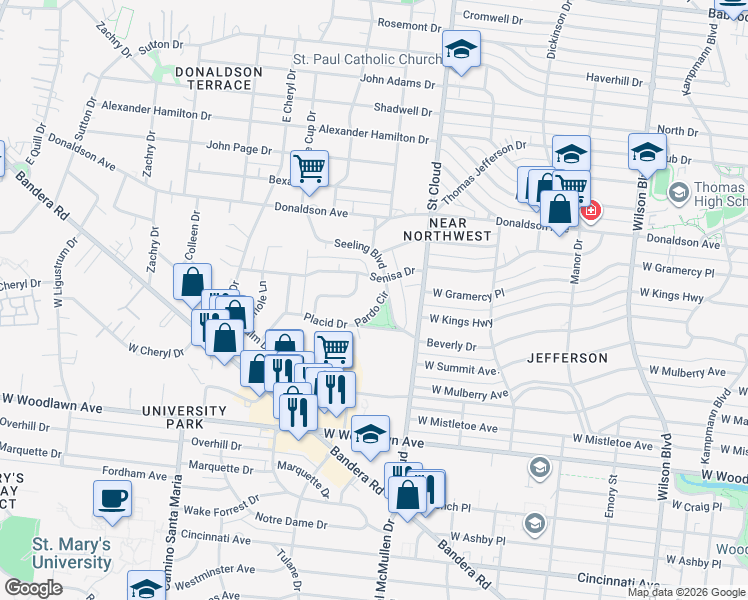 map of restaurants, bars, coffee shops, grocery stores, and more near 120 Pardo Circle in San Antonio
