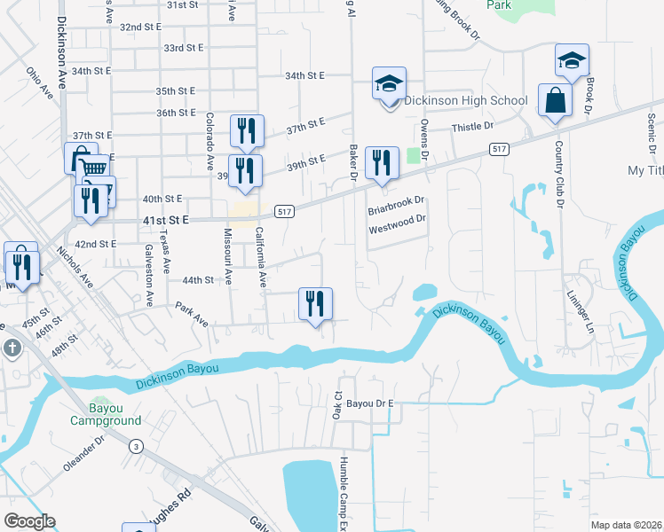 map of restaurants, bars, coffee shops, grocery stores, and more near 5071 Winding Way in Dickinson