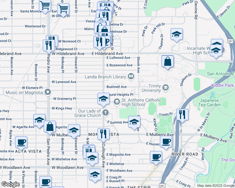map of restaurants, bars, coffee shops, grocery stores, and more near 147 Laurel Heights Place in San Antonio
