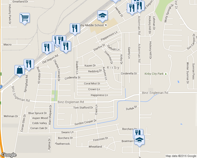 map of restaurants, bars, coffee shops, grocery stores, and more near 5226 Cinderella Street in San Antonio