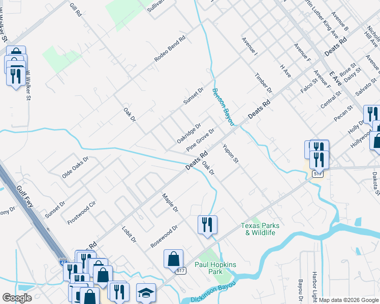 map of restaurants, bars, coffee shops, grocery stores, and more near 1500 Pine Grove Drive in Dickinson