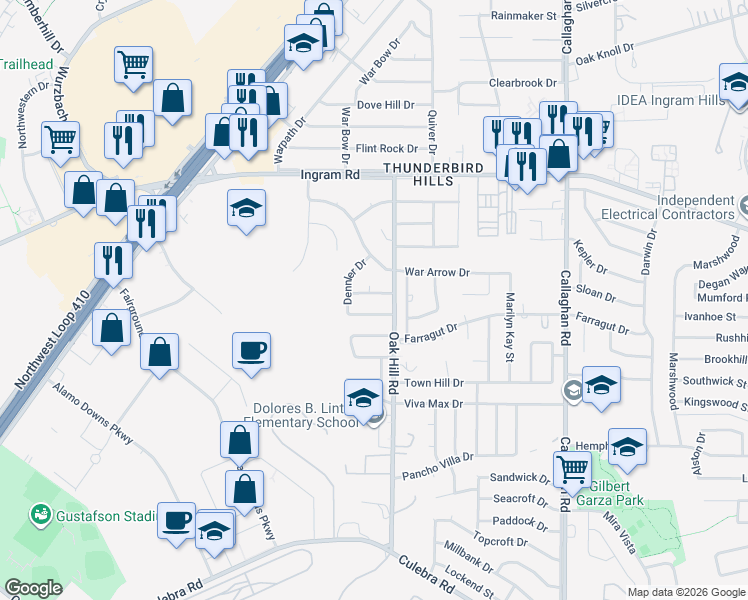 map of restaurants, bars, coffee shops, grocery stores, and more near 6227 Linus Street in San Antonio