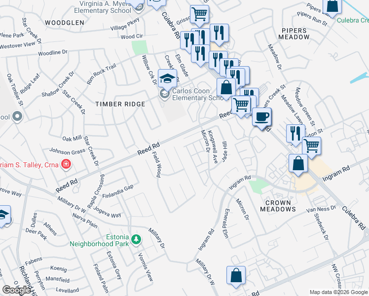 map of restaurants, bars, coffee shops, grocery stores, and more near 2731 Crown Hollow in San Antonio