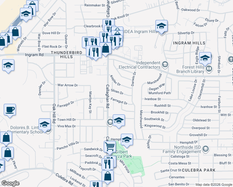 map of restaurants, bars, coffee shops, grocery stores, and more near 5830 Sloan Drive in San Antonio
