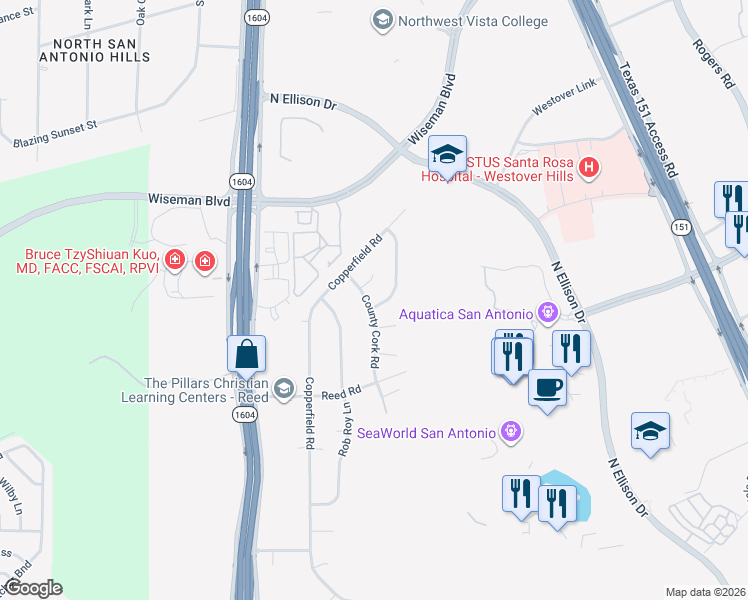 map of restaurants, bars, coffee shops, grocery stores, and more near 1803 Highland Mist Lane in San Antonio