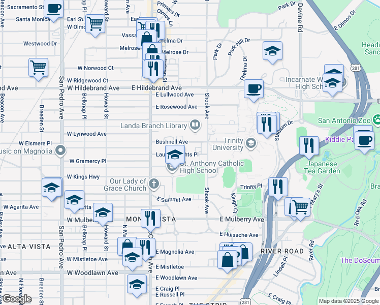map of restaurants, bars, coffee shops, grocery stores, and more near 225 Laurel Heights Place in San Antonio